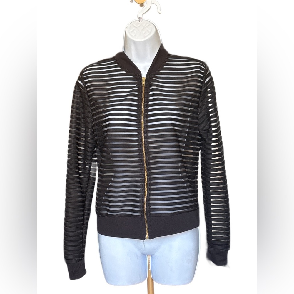 Elegant Black Striped Women's Bomber Jacket - Picture 2 of 5